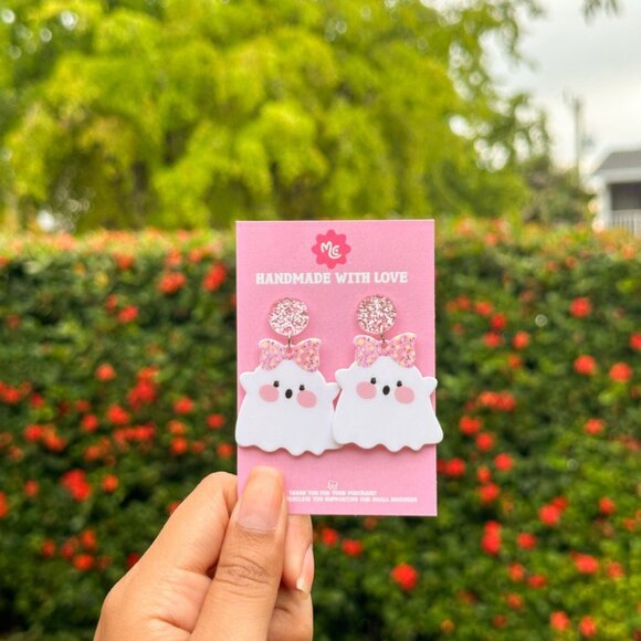 Pink Ghost Earrings — Cute Glitter Bow Halloween Dangle Jewelry - Picture 4 of 4